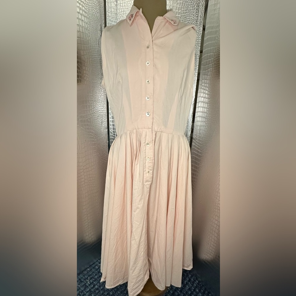 Cute Pale Pink Fit and Flare Vintage Midi Dress Floral Accents NOTE CONDITION